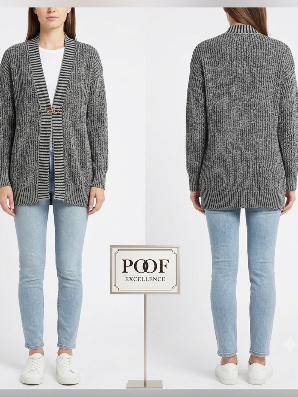 Poof Excellence Buckle Black Gray Marbled Cardigan Small